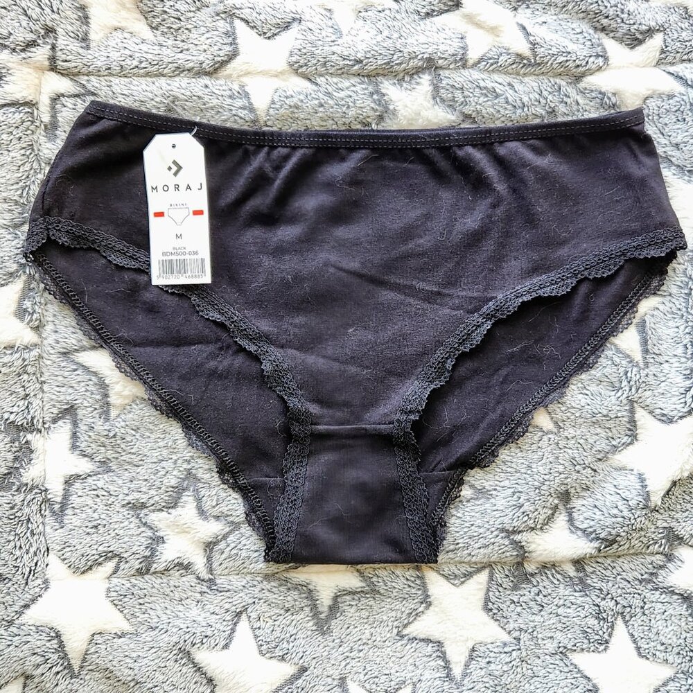 MORAJ Women Black Lace Cotton- Elastin Sz M Bikini Panties European Brand NEW